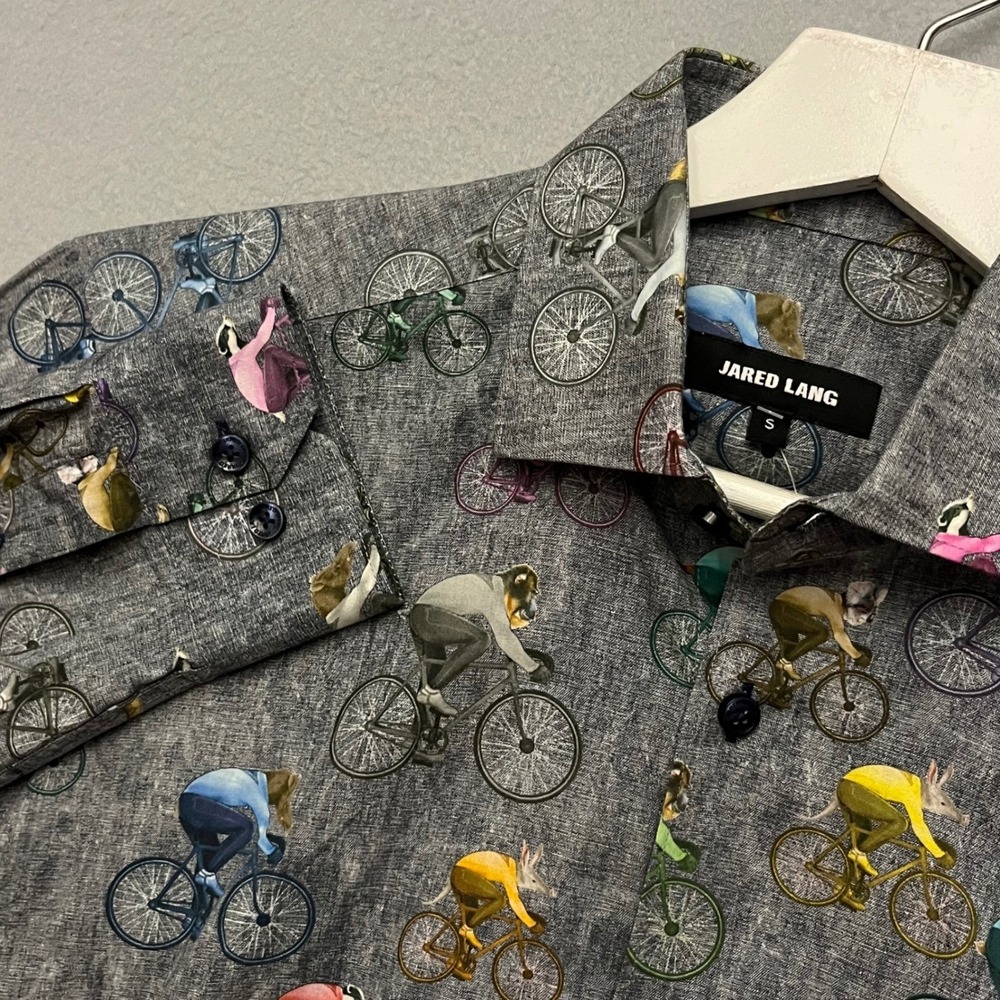 New Jared Lang Men Small Grey Animal Bicycle Print Long Sleeve Button Down Shirt